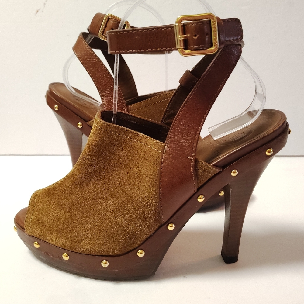 Tory Burch Women's Bilson Suede Ankle Closure Peep Toe Studded Pumps Brown 7.5 - Picture 4 of 10